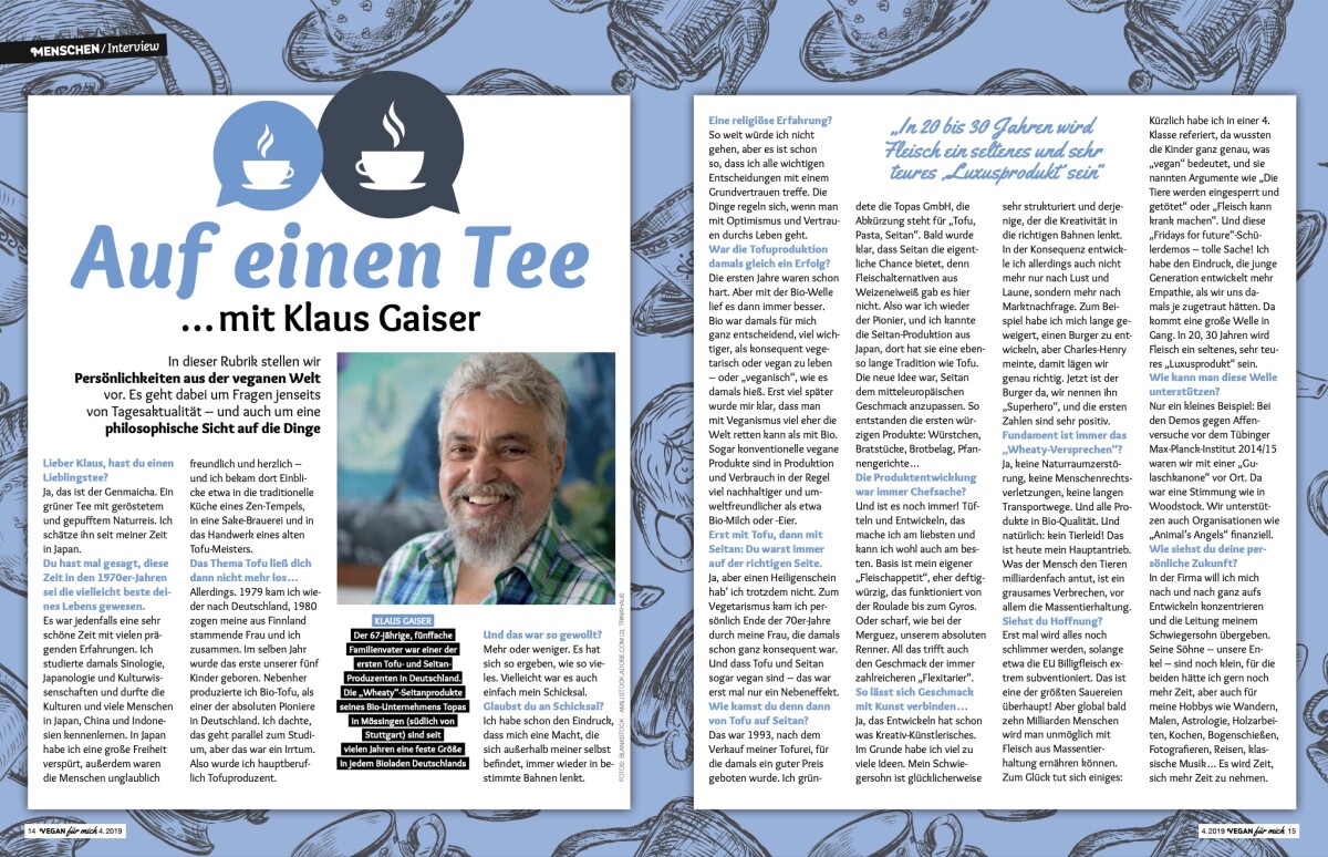 Eine aufgeschlagene Doppelseite, die das Eve-Interview mit Klaus Gaiser zeigt